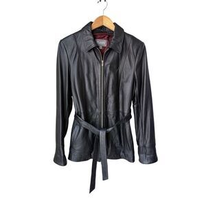 Wilsons Leather Black Long Belted 100% Genuine Leather Jacket